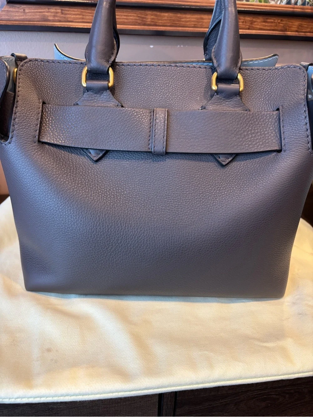 Burberry Belted Dark Gray Leather Satchel with Gold Hardware